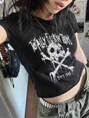 Skull Print Short Sleeve Y2K Crop Top