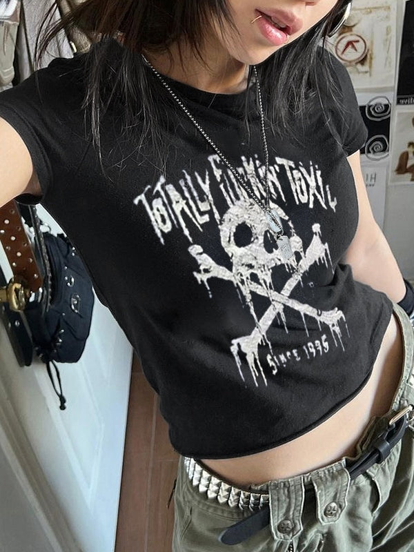 Skull Print Short Sleeve Y2K Crop Top