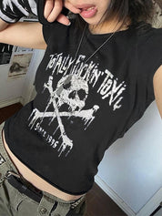 Skull Print Short Sleeve Y2K Crop Top