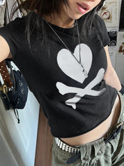 Skull Print Short Sleeve Y2K Crop Top