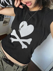 Skull Print Short Sleeve Y2K Crop Top