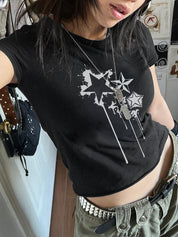 Skull Print Short Sleeve Y2K Crop Top