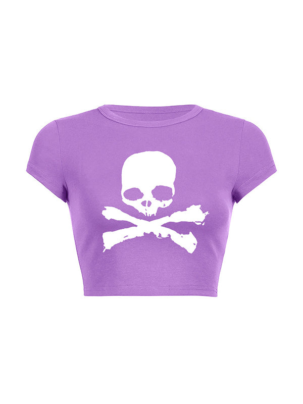 Skull Print Short Sleeve Y2K Crop Top