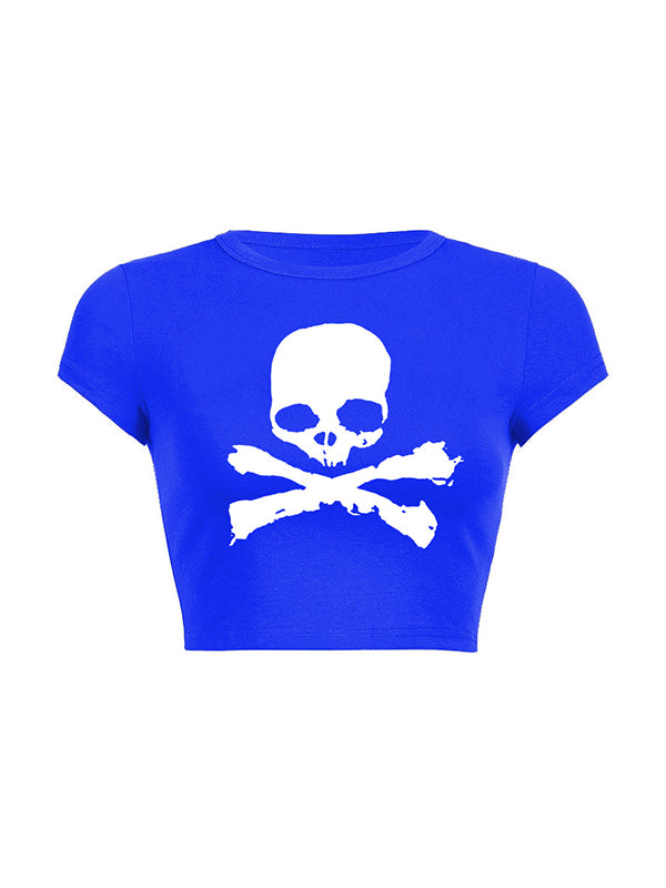Skull Print Short Sleeve Y2K Crop Top