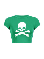 Skull Print Short Sleeve Y2K Crop Top