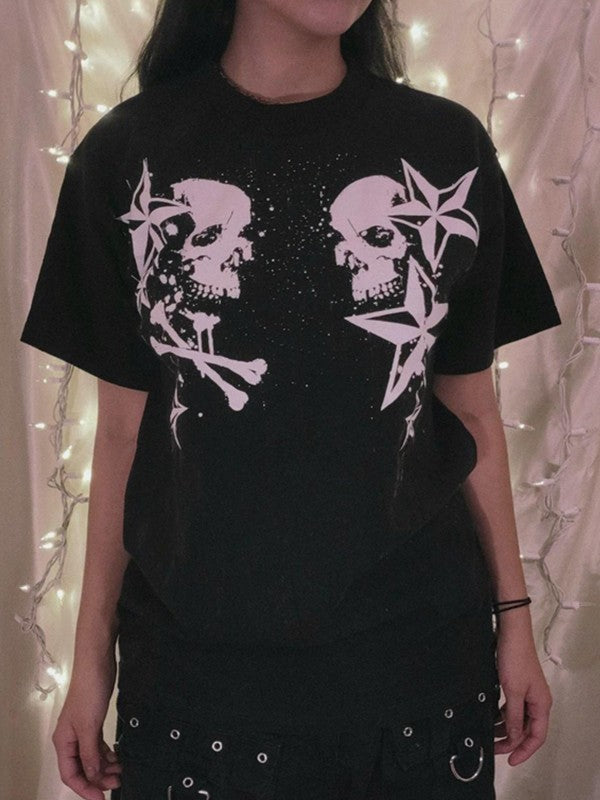 Short Sleeve Black  Skull  Graphic Oversized Tee