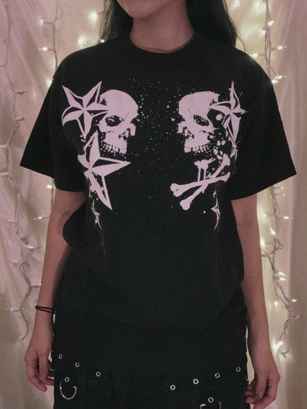 Short Sleeve Black  Skull  Graphic Oversized Tee