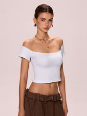 Ribbed Off Shoulder White Crop Top