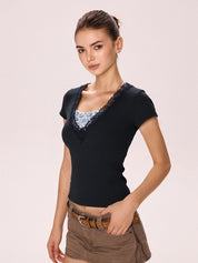 Lace Paneled Short Sleeve Tee