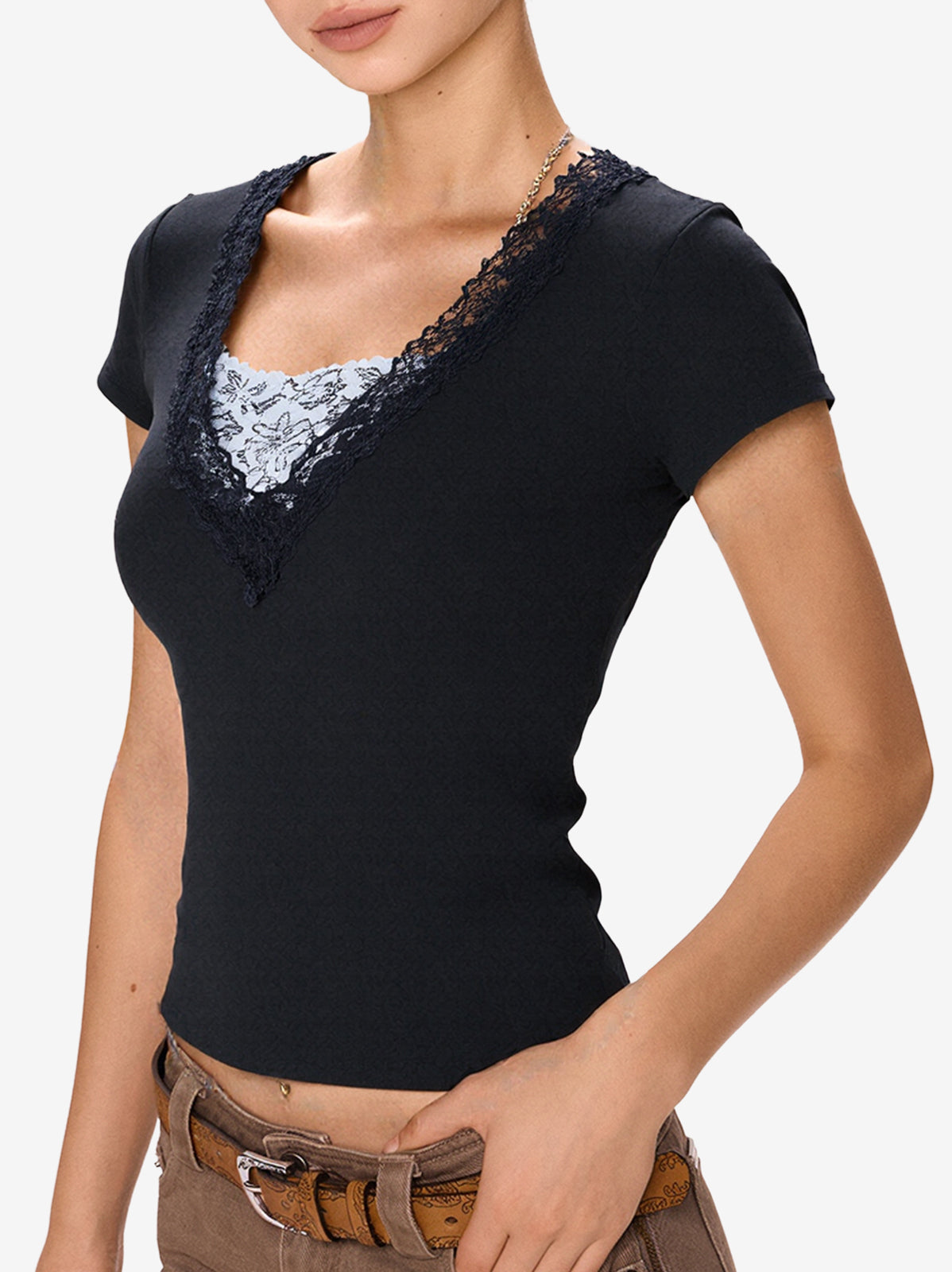 Lace Paneled Short Sleeve Tee