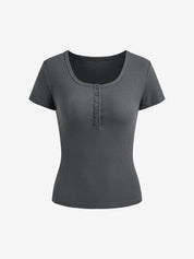 Short Sleeve Button Up Ribbed Top