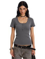 Short Sleeve Button Up Ribbed Top
