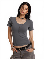 Short Sleeve Button Up Ribbed Top