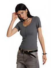 Short Sleeve Button Up Ribbed Top