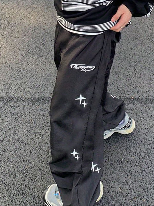 Starry Black Baggy Parachute Pants