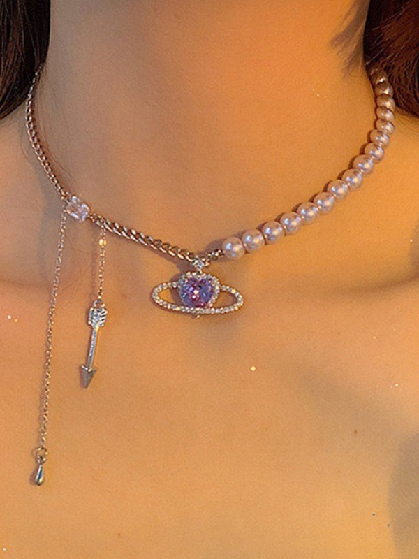 Tassel Chain Rhinestone Heart Charm Faux Pearl Necklace