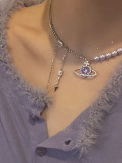 Tassel Chain Rhinestone Heart Charm Faux Pearl Necklace