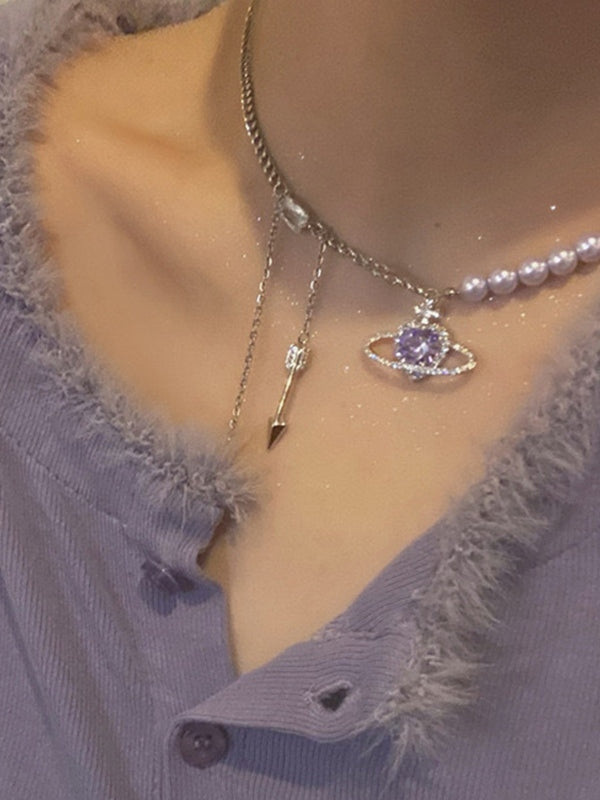Tassel Chain Rhinestone Heart Charm Faux Pearl Necklace