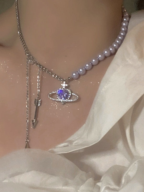 Tassel Chain Rhinestone Heart Charm Faux Pearl Necklace