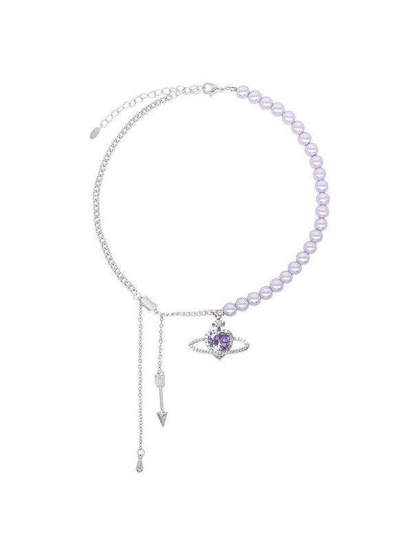 Tassel Chain Rhinestone Heart Charm Faux Pearl Necklace