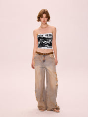 Vintage Butterfly Print Bandeau Top