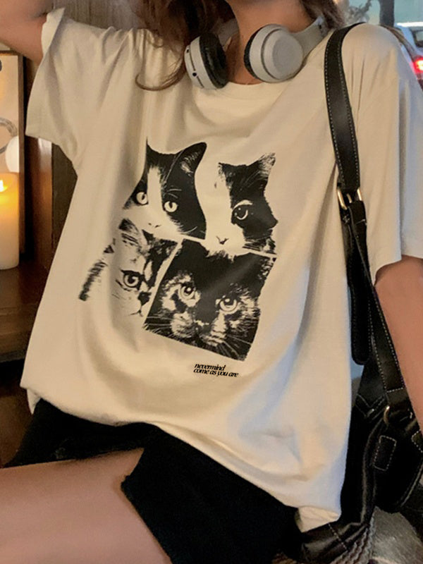Cat Print Loose Oversized Short Sleeve Tee