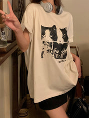 Cat Print Loose Oversized Short Sleeve Tee