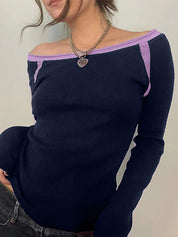 Contrast Color Off Shoulder Long Sleeve Tee