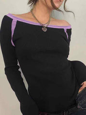 Contrast Color Off Shoulder Long Sleeve Tee