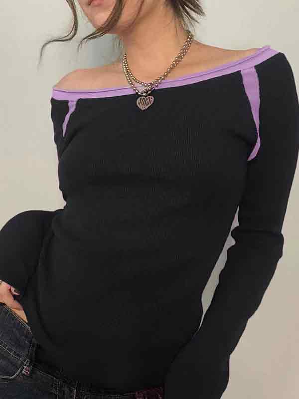 Contrast Color Off Shoulder Long Sleeve Tee