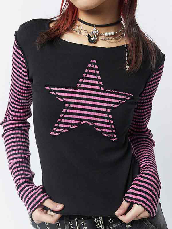 Stripe Star Print Patchwork Slim Long Sleeve Tee