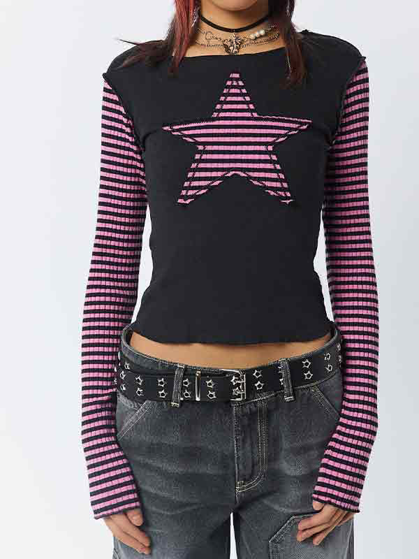 Stripe Star Print Patchwork Slim Long Sleeve Tee