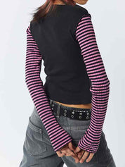 Stripe Star Print Patchwork Slim Long Sleeve Tee