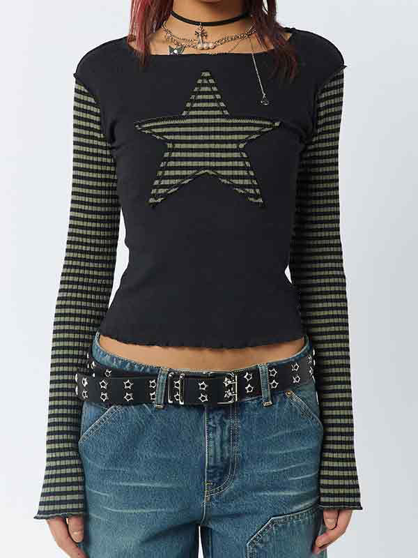 Stripe Star Print Patchwork Slim Long Sleeve Tee