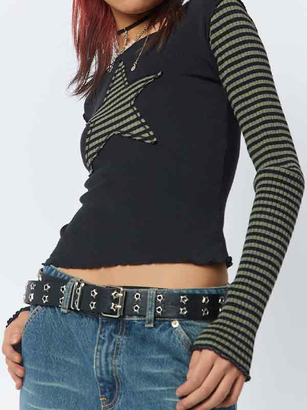 Stripe Star Print Patchwork Slim Long Sleeve Tee