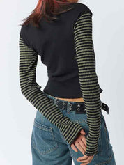 Stripe Star Print Patchwork Slim Long Sleeve Tee