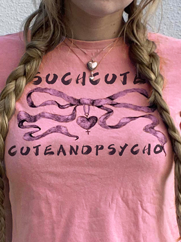 Bow Letter Print Crop Short Sleeve Tee