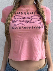 Bow Letter Print Crop Short Sleeve Tee