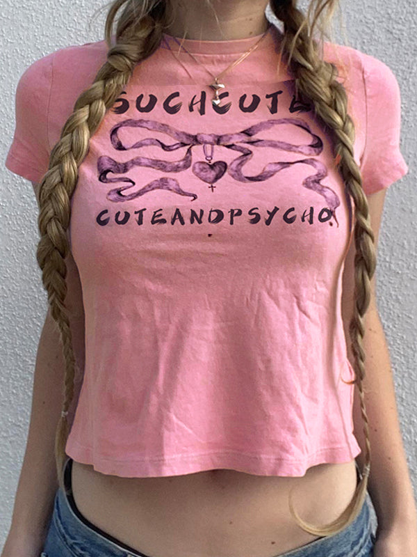 Bow Letter Print Crop Short Sleeve Tee