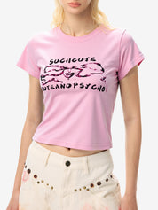Bow Letter Print Crop Short Sleeve Tee