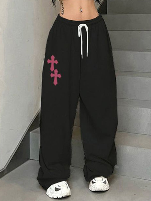 Vintage Cross Letter Print Baggy Sweatpants