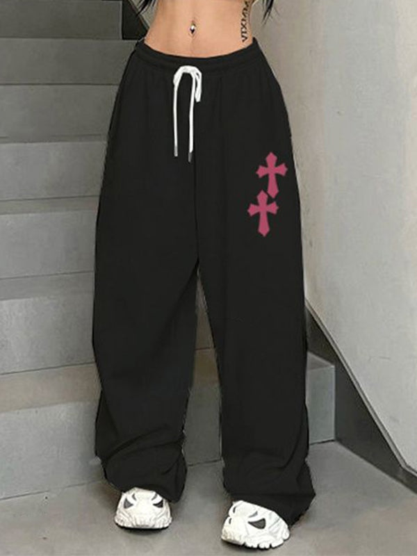Vintage Cross Letter Print Baggy Sweatpants