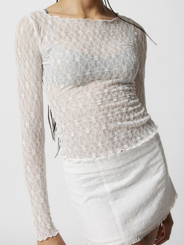 Perspective Lace Mesh Slim Long Sleeve Tee