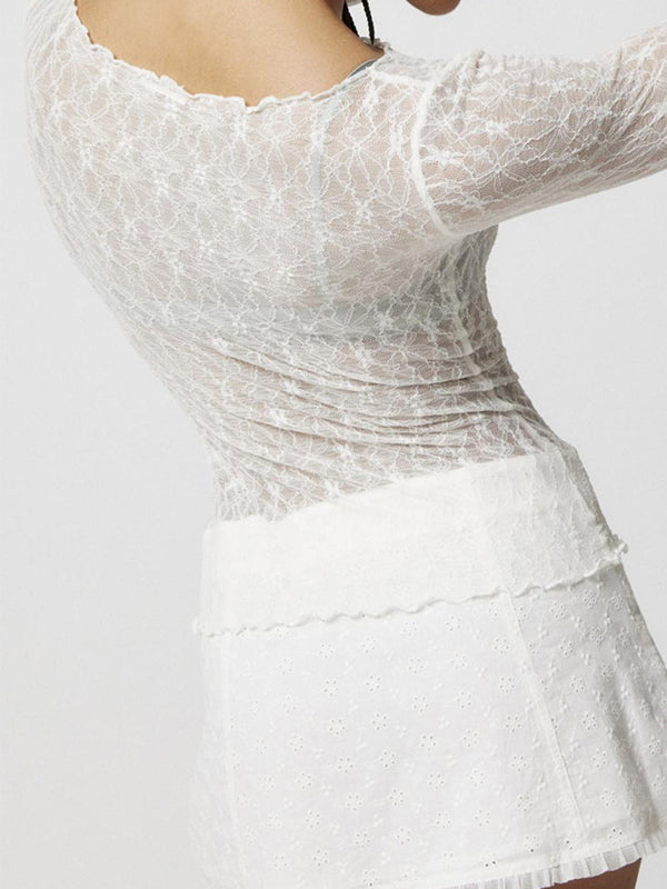Perspective Lace Mesh Slim Long Sleeve Tee
