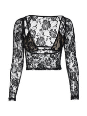 See Through Cutout Lace Cami Long Sleeve Tee