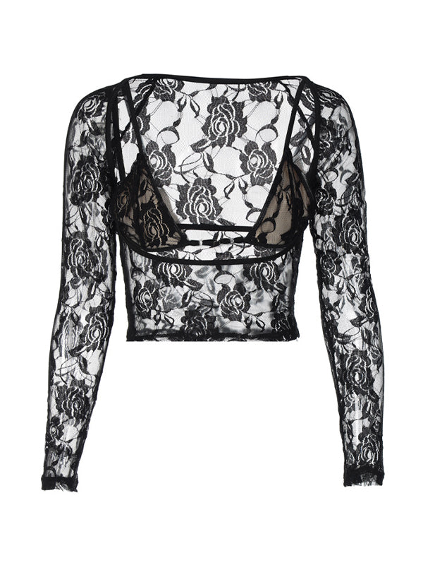 See Through Cutout Lace Cami Long Sleeve Tee