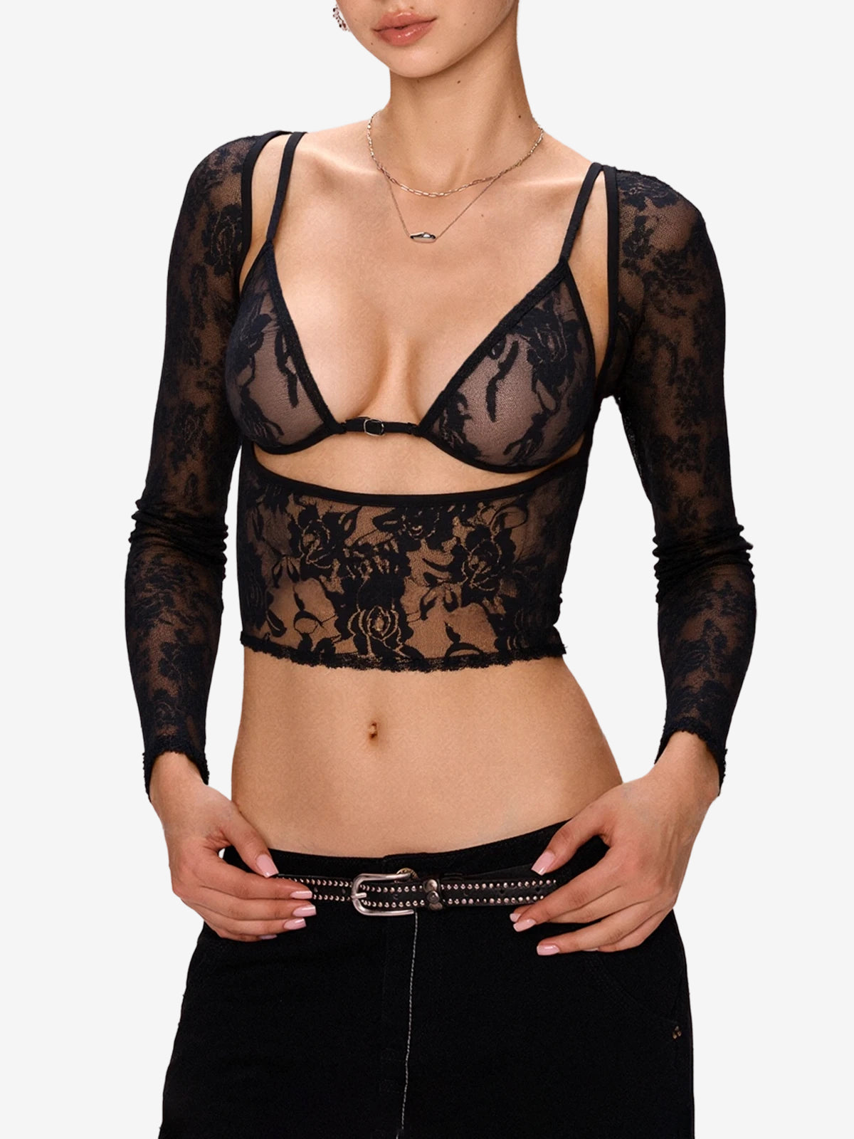 See Through Cutout Lace Cami Long Sleeve Tee
