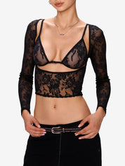 See Through Cutout Lace Cami Long Sleeve Tee