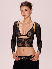 See Through Cutout Lace Cami Long Sleeve Tee