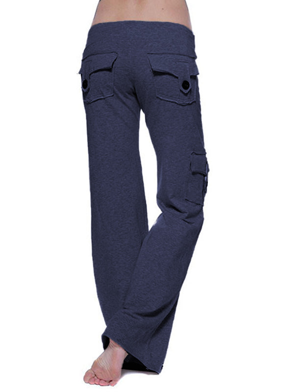 Button Pocket Stretchy Waist Straight Leg Pants